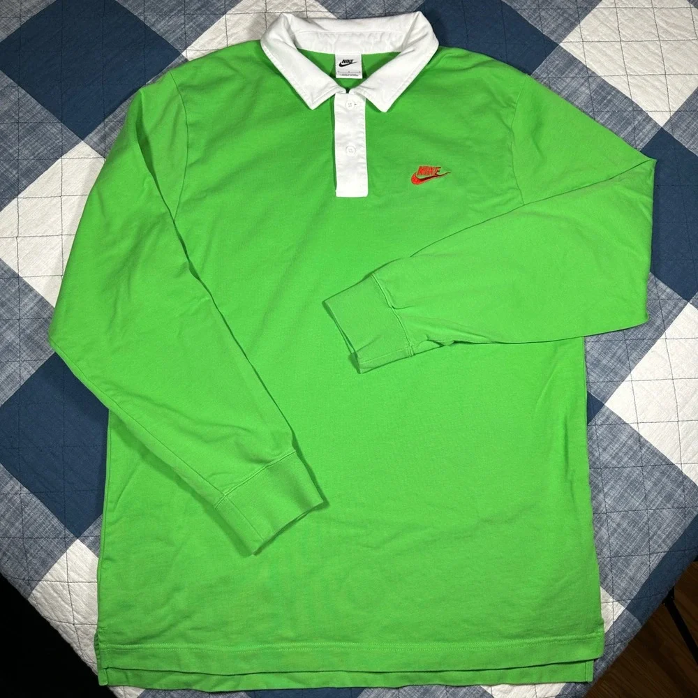 Neon Green Nike Rugby Polo Shirt Long Sleeve Large 72 White Contrast Collar